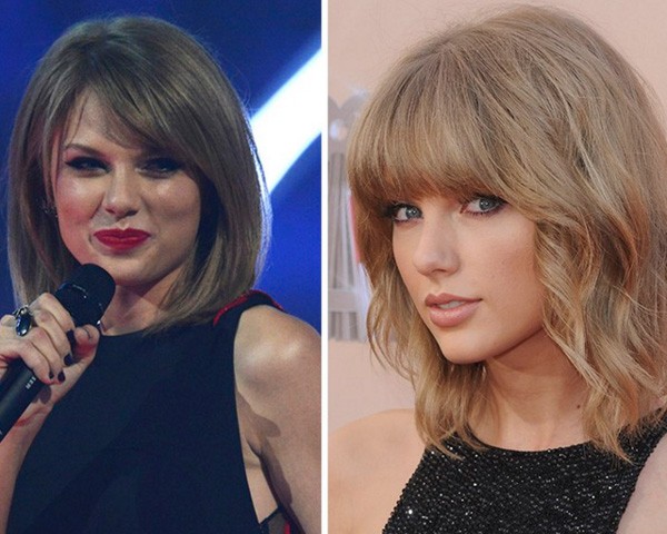 A cantora Taylor Swift errou no visual quando apostou em fios muito lisos e acabou com o rosto muito sério (Foto: GettyImages)