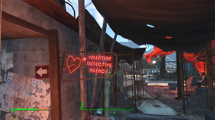 Procure pela placa da Agência de Detetive Valentine na Diamond City de Fallout 4 (Foto: Reprodução/Depressed Press)