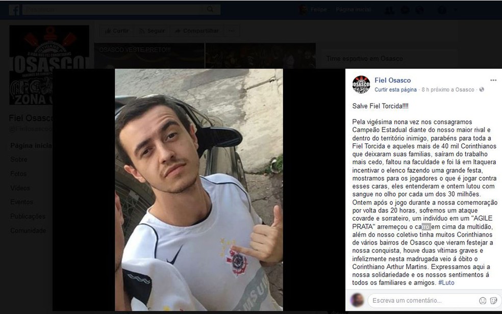 Post da Fiel Osasco no Facebook com foto do torcedor morto diz que motorista arremessou carro na multidÃ£o (Foto: ReproduÃ§Ã£o/Facebook)