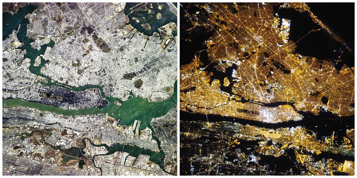 Conhecida como a “cidade que nunca dorme”, fotos fazem comparação entre dia e noite na cidade americana (Foto: Reprodução/NASA/Chris Hadfield)
