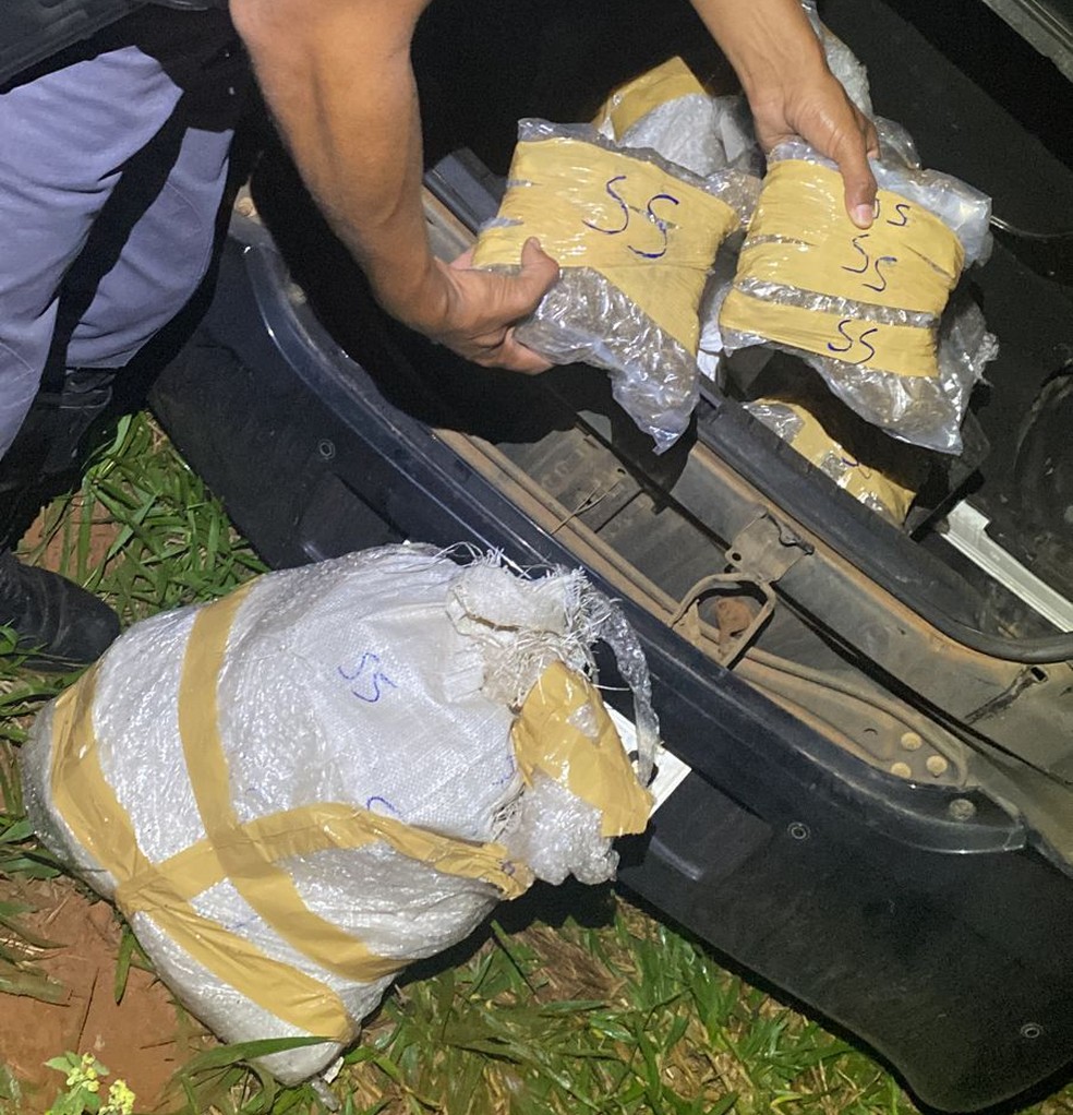 Carro é apreendido com mais de 28 quilos da droga skank, em Piquerobi (SP) — Foto: Polícia Rodoviária