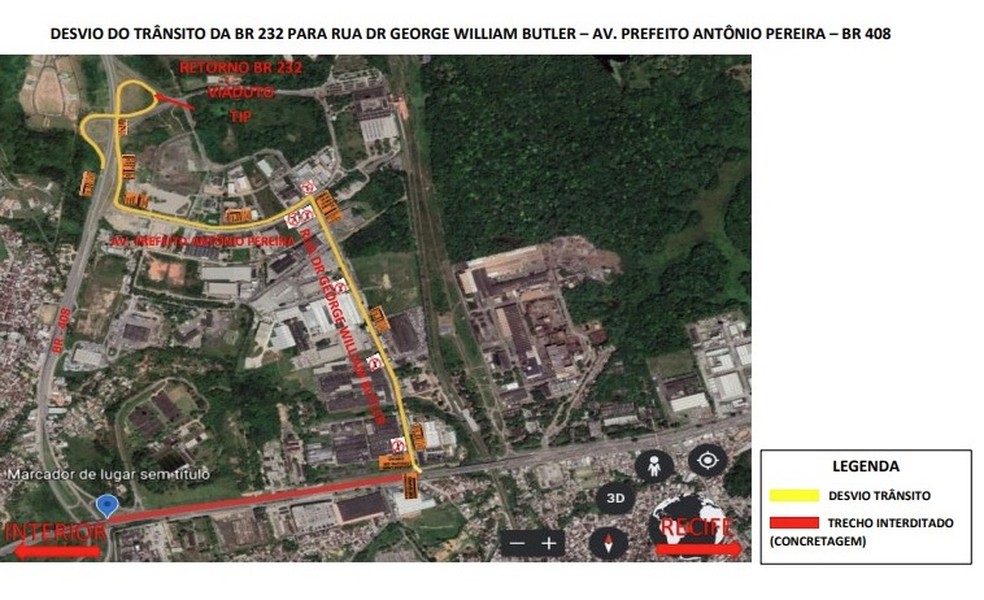 Imagem mostrando o desvio para motoristas que seguem pela BR-232 na etapa final da obra de triplicação — Foto: Reprodução/Governo de Pernambuco