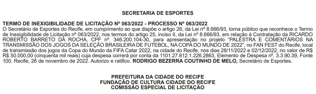 Contratação de Ricardo Rocha no Diário Oficial do Município do Recife — Foto: Reprodução