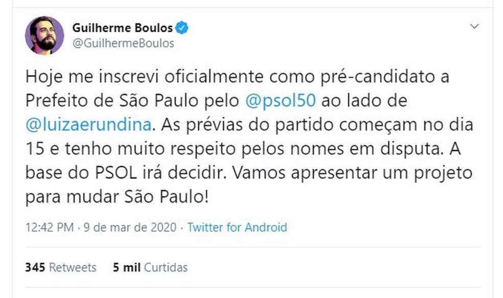 Guilherme Boulos (PSOL) anuncia pré-candidatura à Prefeitura de São Paulo — Foto: Reprodução/Twitter