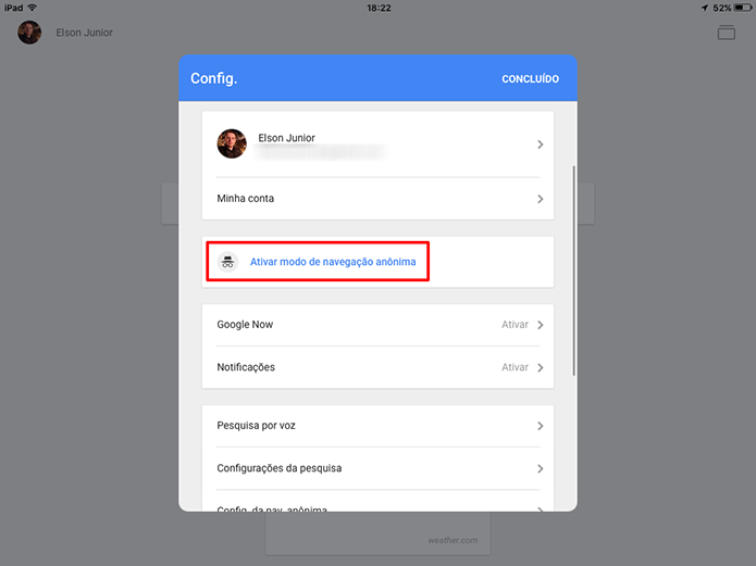 Ative a pesquisa anônima no Google App nas configurações de conta (Foto: Reprodução/Elson de Souza)