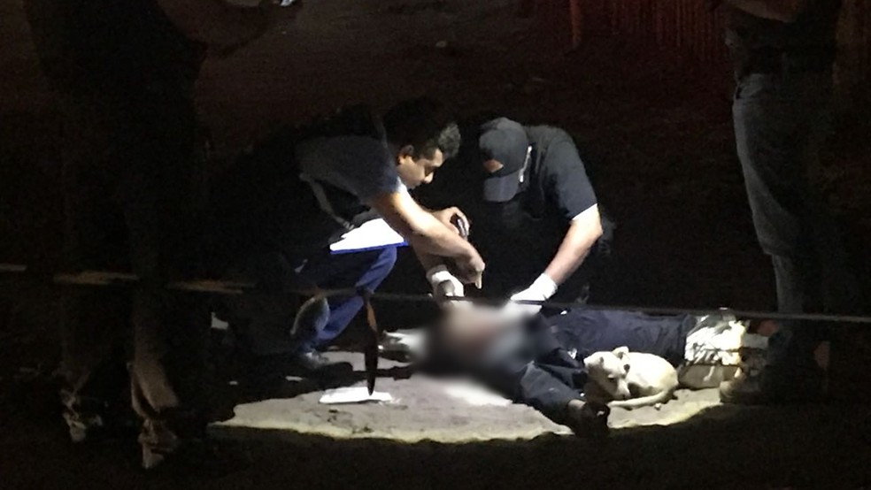 Cão ficou do lado ao corpo do dono mesmo durante trabalho da perícia, em João Pessoa (Foto: Walter Paparazzo/G1)