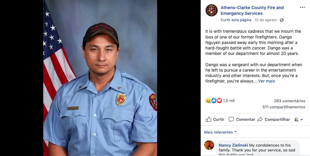 O post lamentando a morte do ator Dango Nguyen (Foto: Facebook)