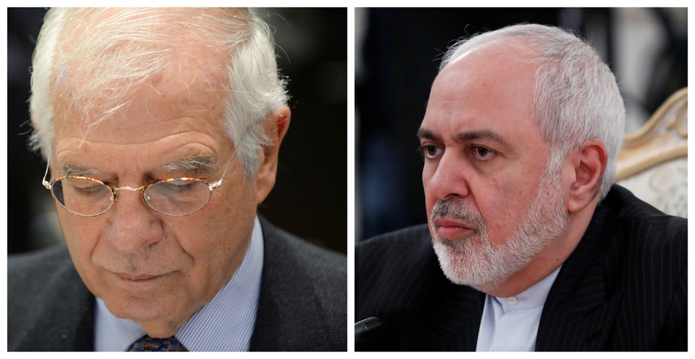 O representante da União Europeia, Josep Borrell (esq.), e o ministro das Relações Exteriores do Irã, Javad Zarif. — Foto: Johanna Geron e Evgenia Novozhenina/Reuters