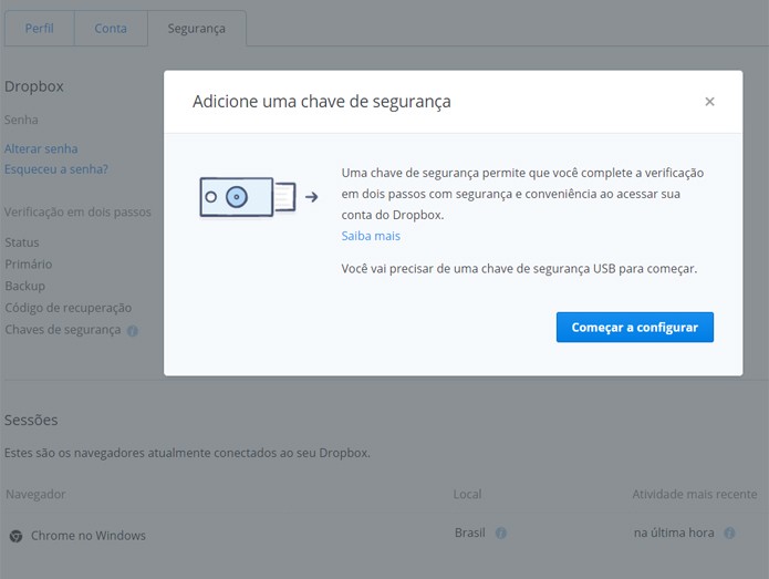 Para autorizar a sua chave, basta acessar as configurações da sua conta no Dropbox (Foto: Reprodução/Filipe Garrett)