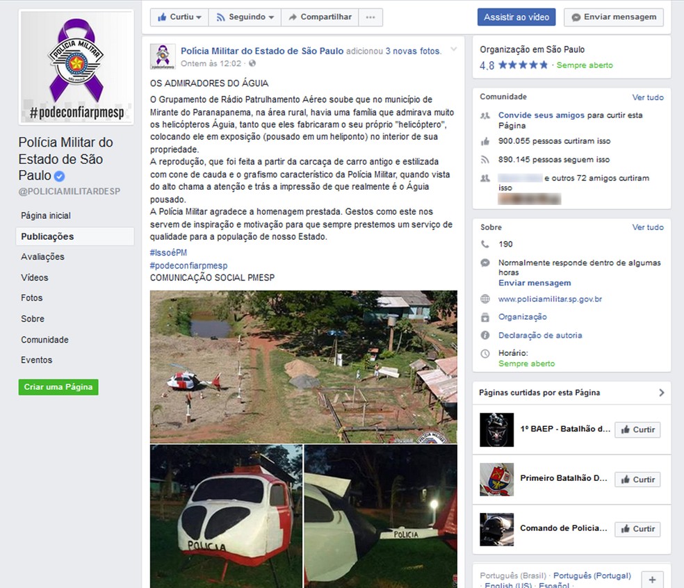 Página oficial da Polícia Militar do Estado de São Paulo também divulgou a criação e reconheceu a família como admiradora do Águia (Foto: Reprodução/Facebook)