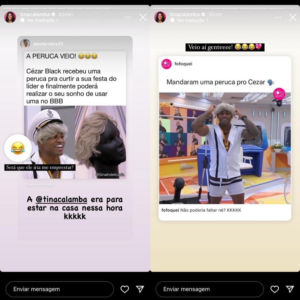 Tina Calamba reage a Cezar Black de peruca — Foto: Reprodução/Instagram