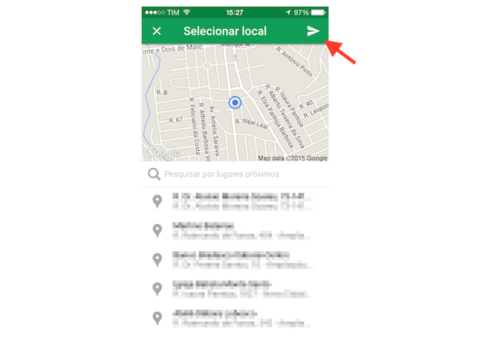 Enviando a localização atual para um contato no Hangouts para iPhone (Foto: Reprodução/Marvin Costa) Enviando a localização atual para um contato no Hangouts para iPhone (Foto: Reprodução/Marvin Costa)