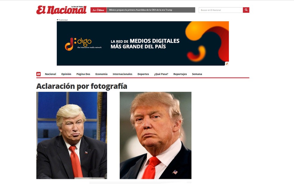 'El Nacional' pede desculpas em seu site por publicar foto de Alec Baldwin no lugar de Donald Trump (Foto: Reprodução/El Nacional)