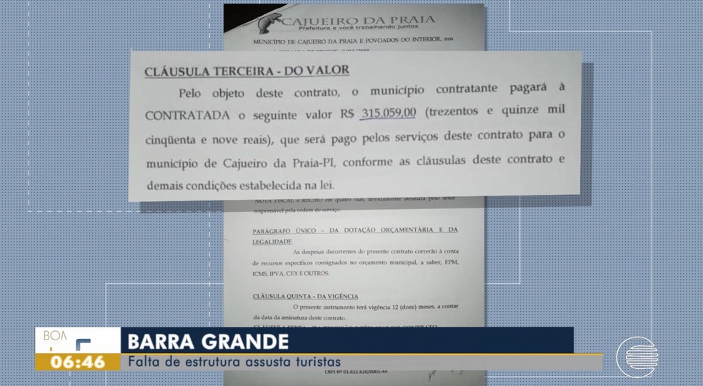 Documento mostra contrato entre prefeitura de Cajueiro da Praia e empresa de manutenção dos serviços de energia — Foto: Reprodução/TV Clube
