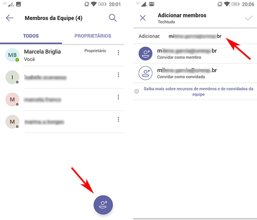 Toque no ícone com o "+" para adicionar membros à equipe do Microsoft Teams — Foto: Reprodução/Marcela Franco