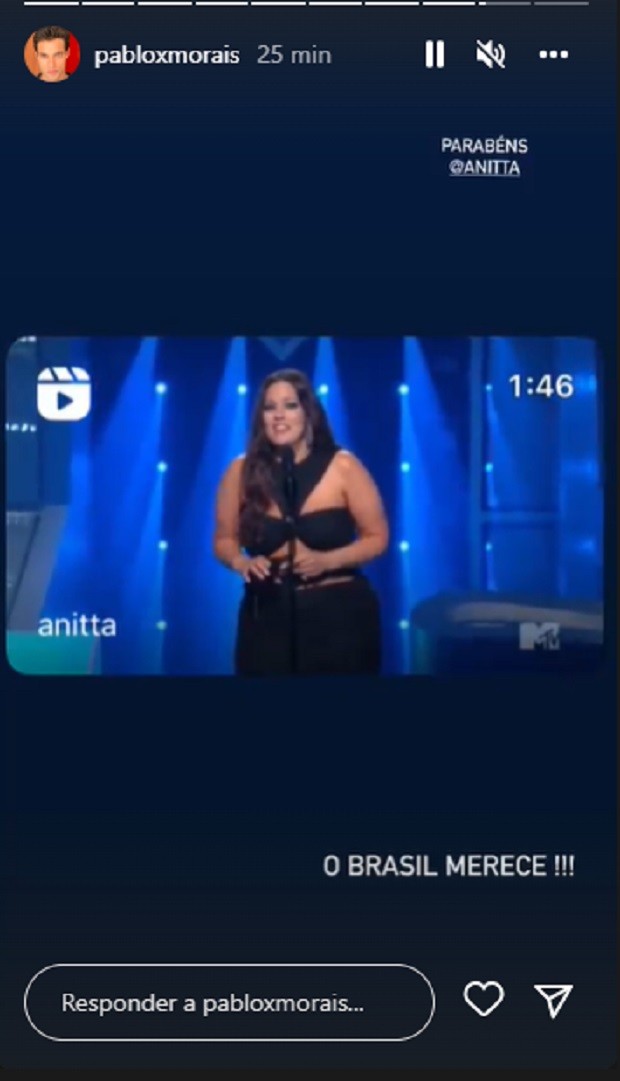 Pablo Morais homenageia Anitta após premiação no VMA 2022 (Foto: Reprodução/Instagram)