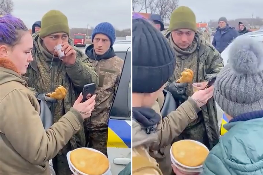 Ucranianos alimentam soldado russo que se emociona ao ligar para mãe (Foto: reprodução/twitter @Christopher Miller)