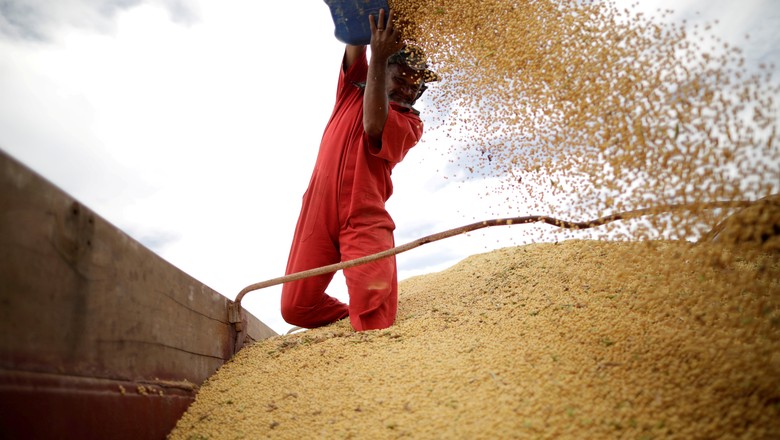 Trabalhador inspeciona grãos de soja em fazenda de Campos Lindos, Tocantins (Foto: REUTERS/Ueslei Marcelino)
