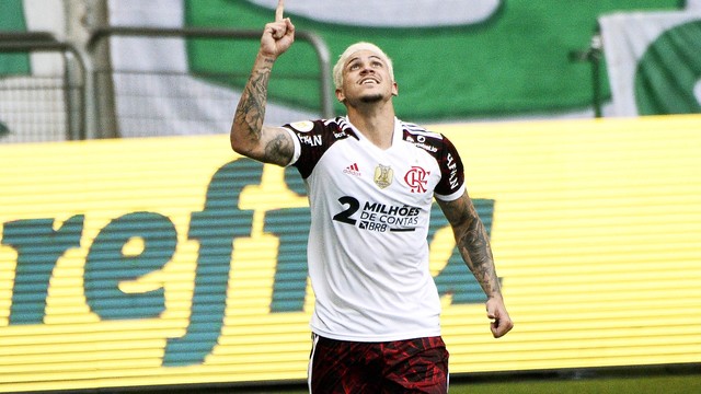 Pedro, do Flamengo, comemora o gol contra o Palmeiras