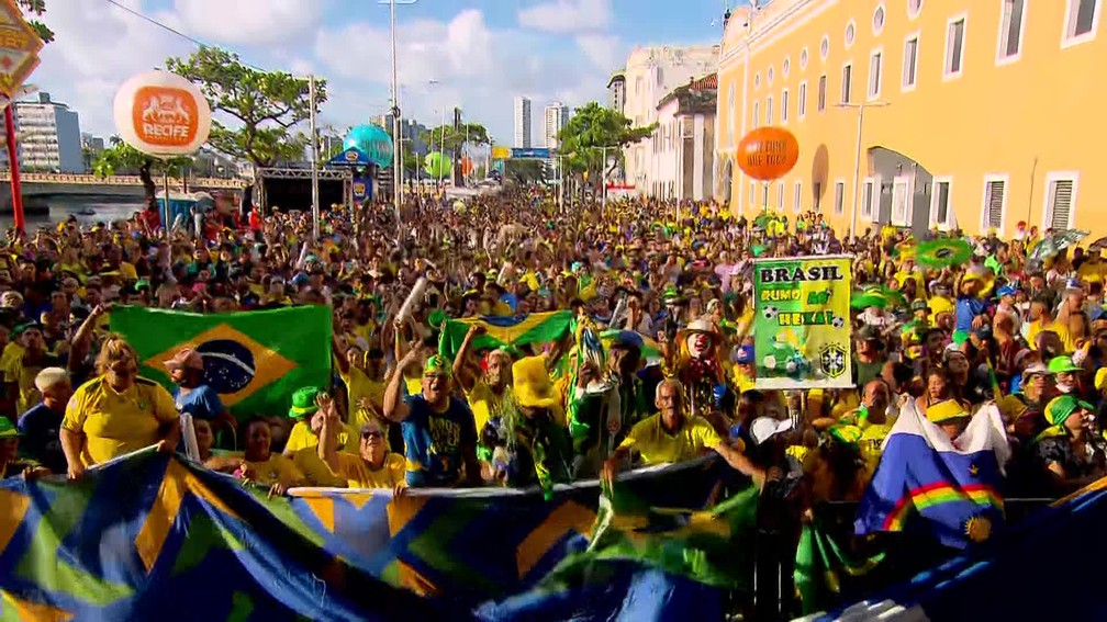 Bandeira gigante de Pernambuco foi colocada na frente do telão no jogo do Brasil, no Recife — Foto: Reprodução/TV Globo 