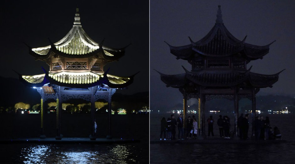 Imagem mostra o antes e depois do Pavilhão Jixian, em Hangzhou, na China, durante o Earth Hour 2022 (Foto: VCG/Getty Images)