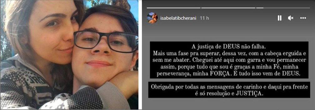 Isabela Tibcherani escreveu que 'daqui pra frente é só resolução e Justiça'. Ela namorada o ator Rafael Miguel, que foi morto a tiros por seu pai em 2019. Paulo Cupertino foi preso após quase 3 anos foragido — Foto: Reprodução/Redes sociais