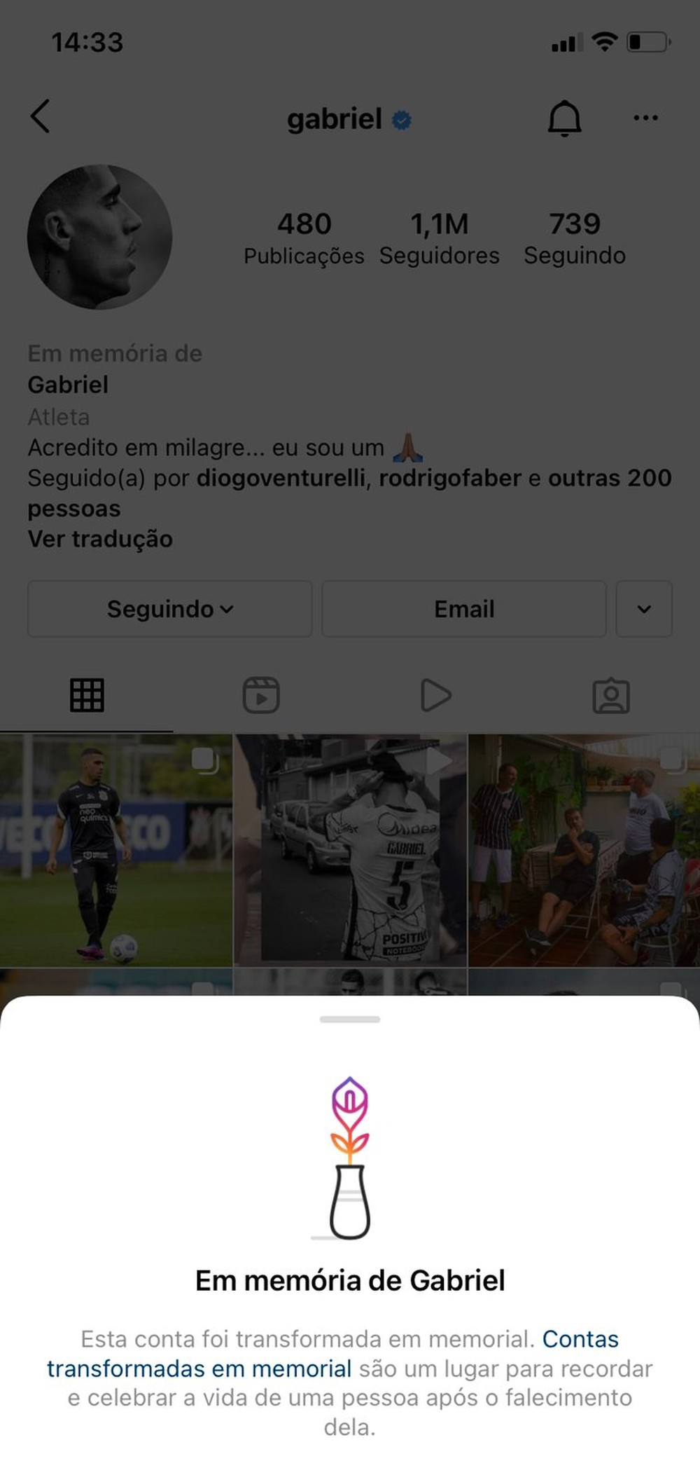 Conta de Instagram de Gabriel virá pagina de pessoa morta, Corinthians fala de ataque de hacker 