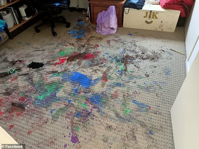 Mãe encontrou carpete de escritório tomado por pintura dos filhos (Foto: Reprodução/Daily Mail/Facebook)