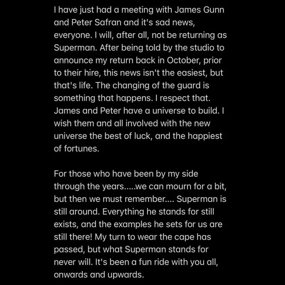Henry Cavill revela que não será mais Superman nos cinemas — Foto: Reprodução/Instagram