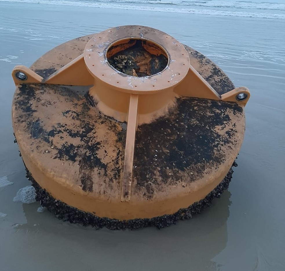 Objeto misterioso encalha em praia de Bertioga e surpreende moradores &mdash; Foto: Arquivo Pessoal/Maria Villela