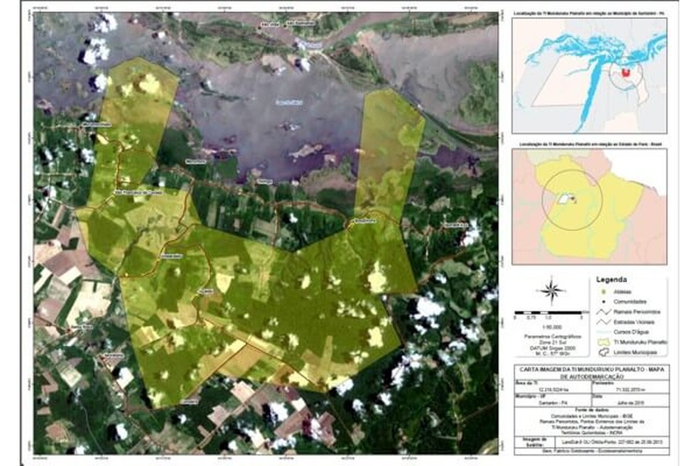 Mapa da área reivindicada pelos Munduruku do planalto santareno — Foto: MPF/Divulgação