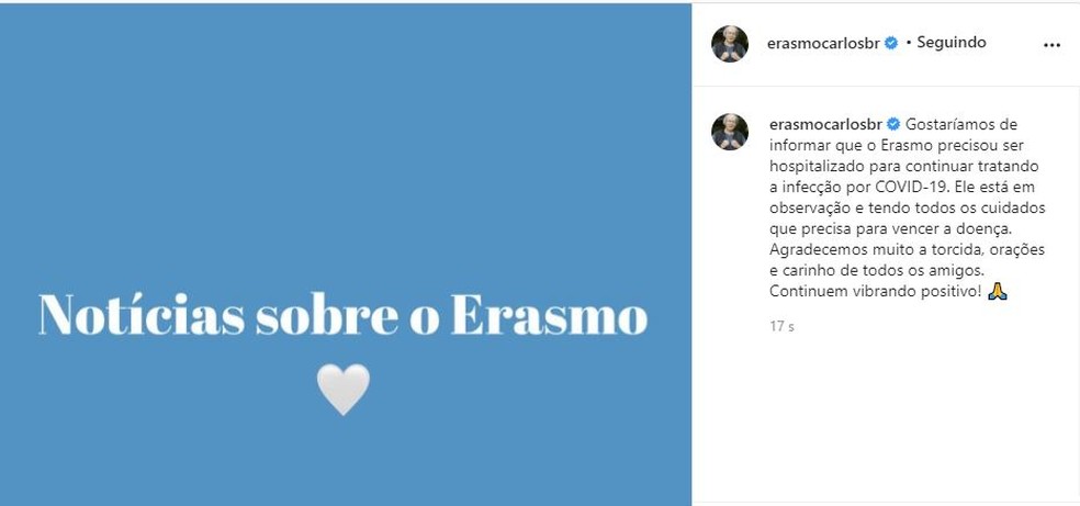 Postagem falando sobre a internação de Erasmo Carlos — Foto: Reprodução/Redes sociais