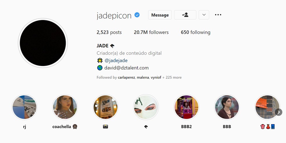 Jade tirou sua foto das redes sociais — Foto: Reprodução/Instagram