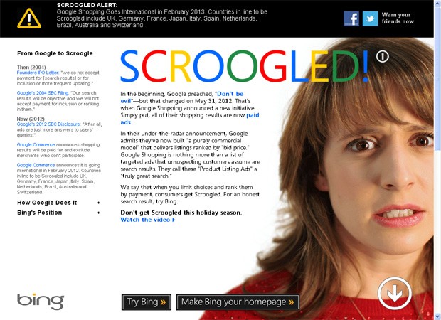 A página Scroogled, criada pela Microsoft para criticar o Google Shopping (Foto: Reprodução Internet)