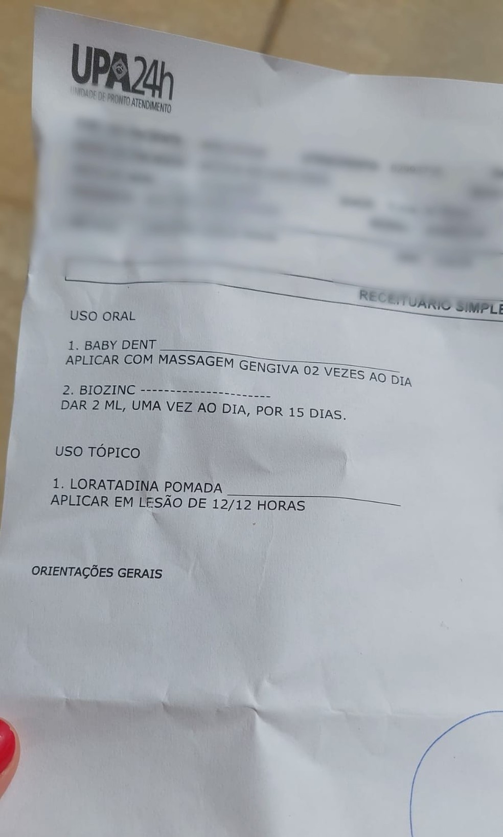 Receituário médico com a prescrição de medicamento que não existe para bebê de 10 meses em Santos, SP — Foto: Arquivo Pessoal