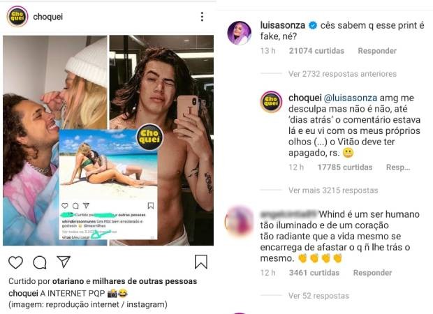 Luísa Sonza diz que suposto comentário de Vitão em sua foto com Whindersson é fake (Foto: Reprodução/Instagram)