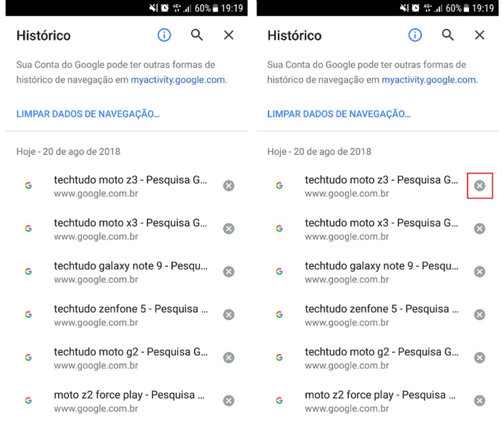 Chrome: veja a lista de buscas feitas e selecione a que deseja apagar (Foto: Reprodução/Caroline Parreiras)