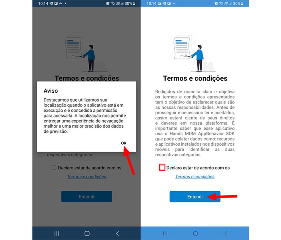 Tela inicial do app Climatempo mostra aviso sobre o uso da localização — Foto: Reprodução/Marcela Franco