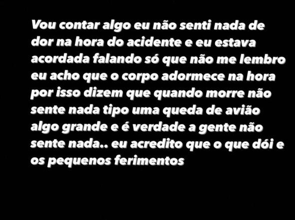Aline fez um relato no Instagram, onde contou não sentir nada durante o acidente — Foto: Redes Sociais/Divulgação
