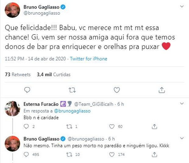 Bruno Gagliasso fala sobre eliminação de Gizelly do BBB (Foto: Reprodução / Twitter)