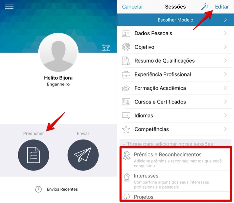 Preenchendo dados do currículo (Foto: Reprodução/Helito Bijora)
