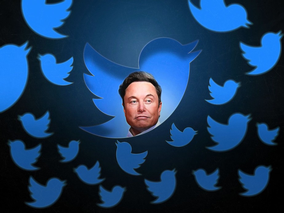 Elon Musk com a logo do Twitter. Bilionário se tornou dono da rede social em outubro