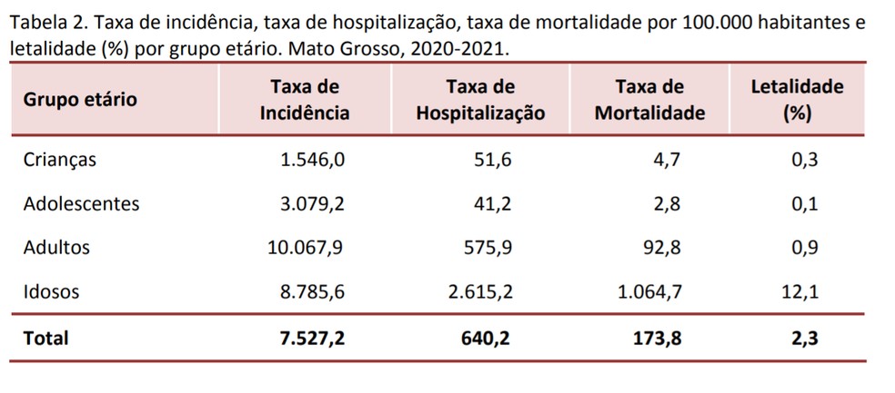 Taxa de incidência, hospitalização, mortalidade e letalidade por grupo etário em MT — Foto: Reprodução/UFMT