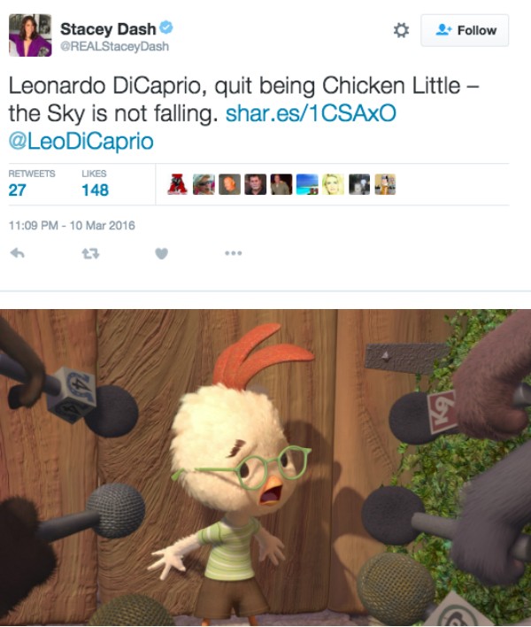 O tuíte da atriz Stacy Dash sobre Leonardo DiCaprio fez referência ao personagem Chicken Little (Foto: Reprodução/Twitter)