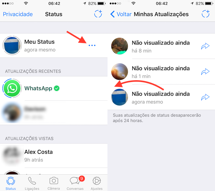 Ação que habilita a opção de deletar um status do WhatsApp (Foto: Reprodução/Marvin Costa)