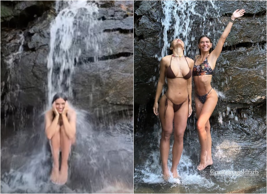 Rafa Kalimann toma banho de cachoeira com Mariana Goldfarb