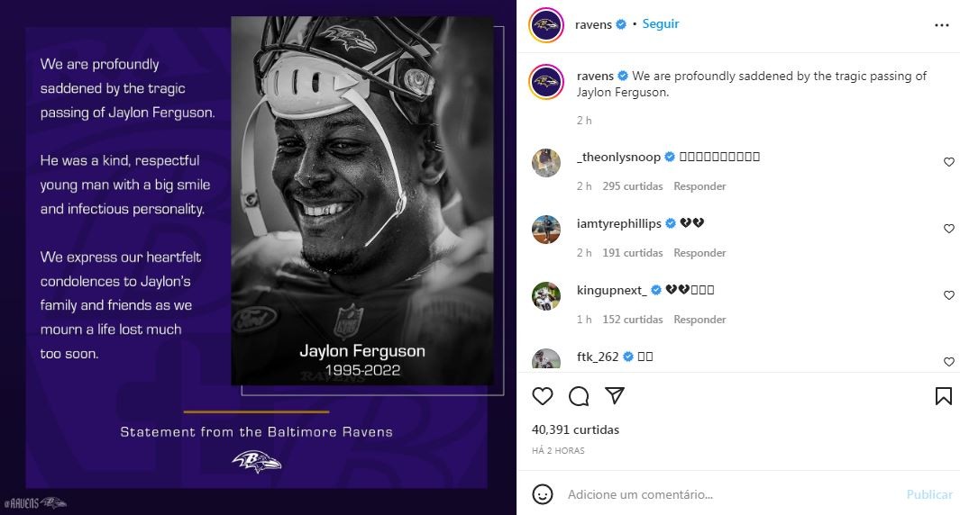 Os Ravens anunciaram a morte de Jaylon Ferguson (Foto: Reprodução / Instagram)