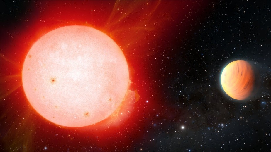 Impressão artística do planeta gigante gasoso orbitando uma estrela anã vermelha.