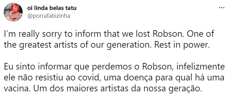 A colorista Fabi Marques informou sobre o falecimento de Robson no Twitter (Foto: Reprodução/Twitter)
