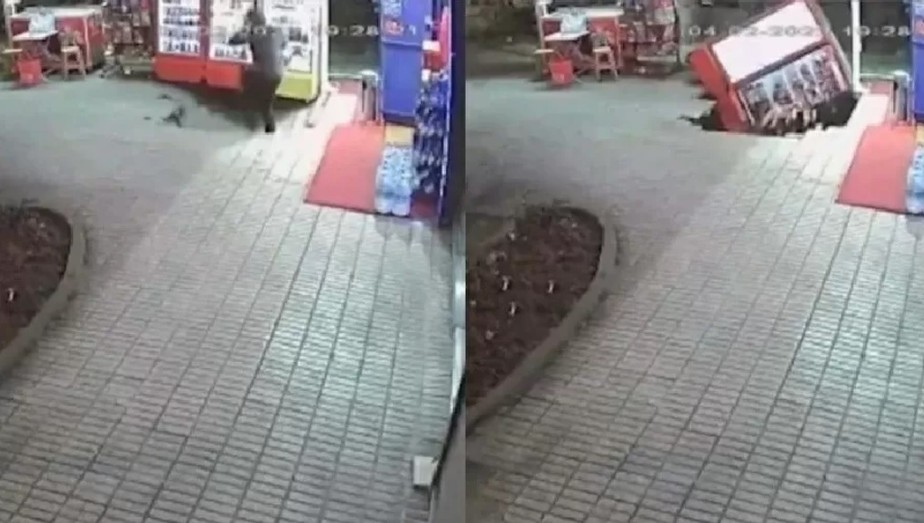 Homem deixa loja para fumar e é 'engolido' por cratera